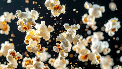 Popped popcorn kernels mid-air with steam and particles, dark background, dynamic high-speed capture.