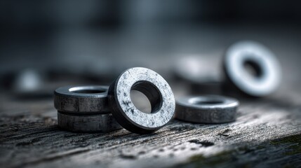 Shiny metal washers arranged on a textured surface with shallow depth of field