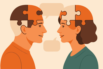 Two people facing each other, their heads depicted as jigsaw puzzles with speech bubbles above them symbolizing communication and understanding