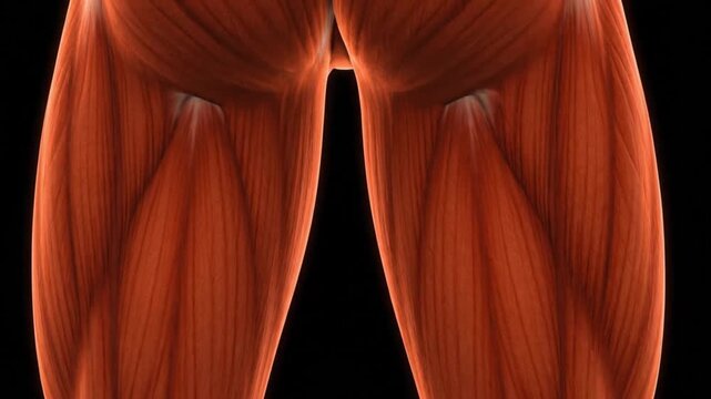 Human leg muscles anatomy illustration showing thigh and upper leg musculature in detail.