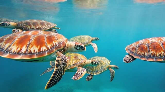 A group of sea turtles swims together in clear blue ocean water, a harmonious gathering of marine life.