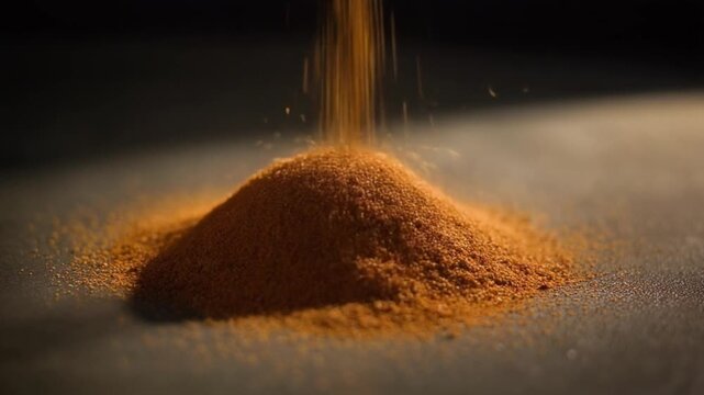 Pile of vibrant orange-red spice powder falling onto a dark surface creating a conical shape
Close up of aromatic ground spice powder continuously falling and accumulating into a small heap on a dark