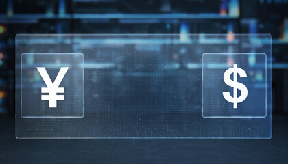Currency Exchange in Digital Space: A futuristic interface displays the yen and dollar symbols, representing global finance and international trade, on a backdrop of blurred digital screens.