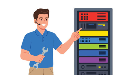 IT Technician Illustrating Server Maintenance with Tools and Server Rack