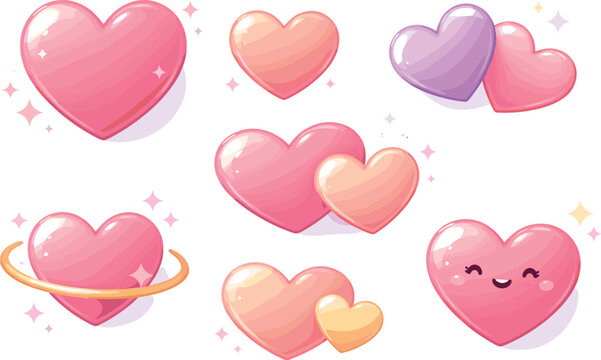 Minimalist Heart Emojis. Minimal emoji-inspired hearts with soft highlights and friendly curves, modern flat vector illustration