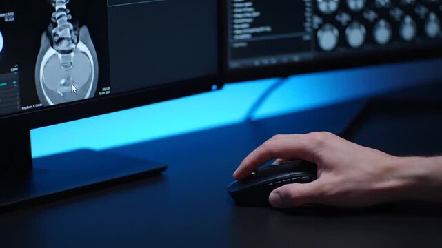A doctor or radiologist uses a computer mouse to navigate through CT or MRI scans of a human spine and pelvis on a monitor, performing a medical diagnosis or research.