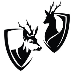 modern style heraldic shield with wild roe deer head for wildlife conservation emblem - black and white vector coat of arms design