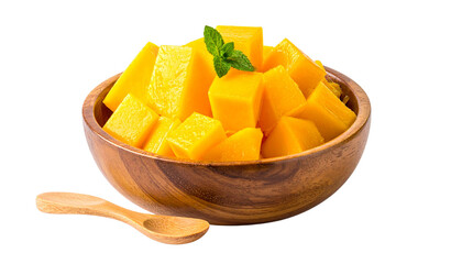 Diced mango pieces in wooden bowl on white background