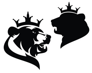 royal bear head wearing crown - king animal black and white vector portrait outline and silhouette