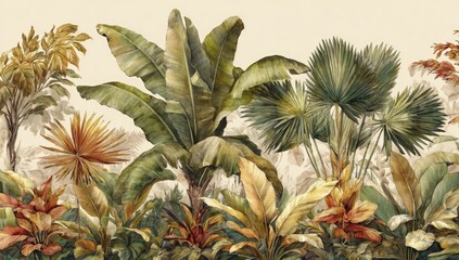 Obraz premium Botanical artwork depicting vibrant foliage, including ferns and palm leaves, against a neutral backdrop