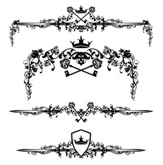 fantasy medieval style crossed skeleton keys, royal crown, sword, shield and rose flowers black and white vector calligraphic page decor design set