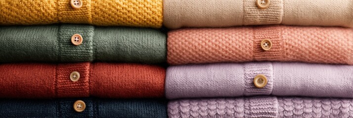 Colorful stacked knitted cardigan with button. Neatly folded knitwear in various warm shades, different texture visible, cozy apparel