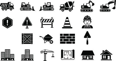 Construction icons set with vehicles, tools, worker, barrier, blueprint, crane, houses, wall, trowel, wheelbarrow, warning signs, cone, crate © Hafiza