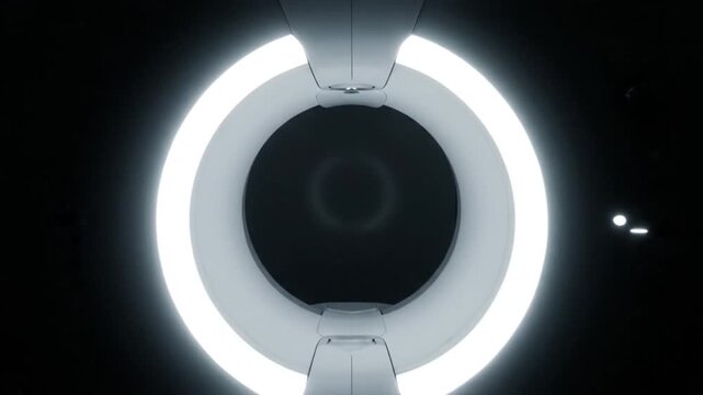 A dramatic, high-contrast shot of the bore of an MRI or CT scanner, illuminated by a brilliant, glowing white ring against a pitch-black background, emphasizing modern medical technology.