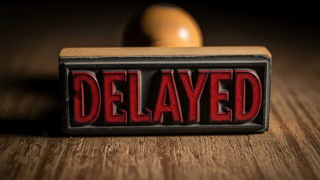 A prominent red 'delayed' stamp on a rustic wooden desk, signifying a pause or postponement