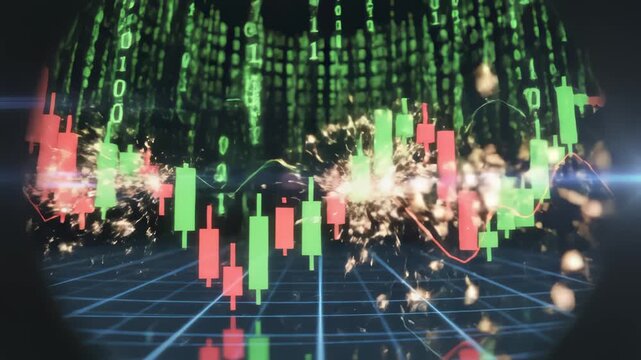 Animated Stock Market Candlestick Chart Displayed With Matrix Background
