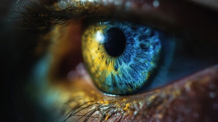 Closeup of a human eye with striking blue and green iris patterns showcasing intricate details and eyelashes