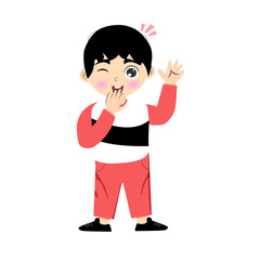 Cartoon Boy Winking and Giggling Shyly, Full Body Illustration