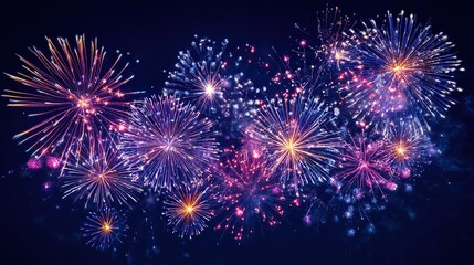 Fototapeta premium Golden fireworks of various shapes light up the night on the right, used for New Year's Eve celebrations and festive activities, serving as an advertising banner and social media promotional design.