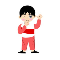 Cute Cartoon Boy Winking Mischievously While Covering Mouth and Waving