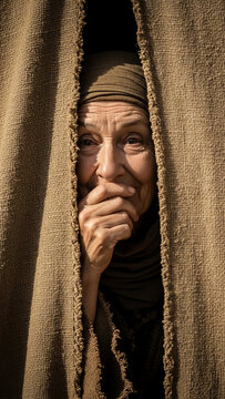 Sarah's hidden laughter, a tight shot of an old Hebrew woman named Sarah peeking from behind a heavy tent flap, a hand covering her mouth to stifle a laugh of disbelief, her eyes crinkling .