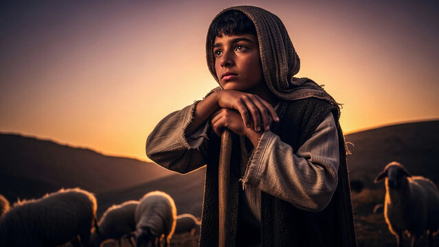 Young boy shepherd with a staff in a field with sheep at sunset. Biblical scene concept for religious education material.