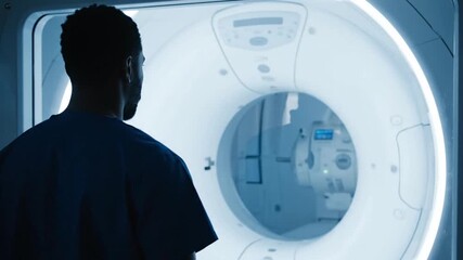 A medical professional watches a modern CT scan machine operating in a sterile hospital or clinic environment, emphasizing advanced diagnostic imaging technology and healthcare.