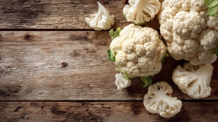 Fresh cauliflower heads and florets on rustic wooden table background with copy space