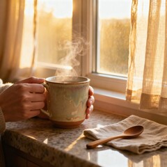 Morning Coffee Ritual at Home Representing Calm Start, Comfort and Everyday Lifestyle Moments