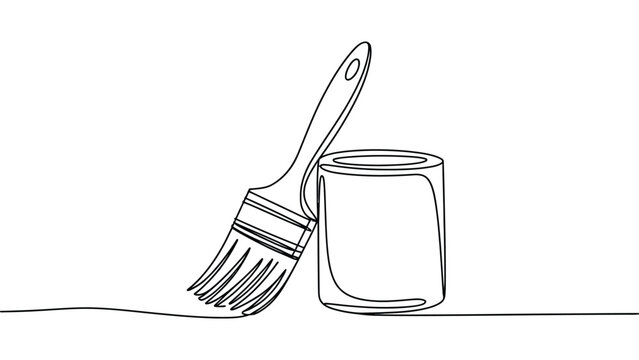Minimal line art illustration of paint brush and paint can representing home renovation, diy painting, repair and interior decorating concept