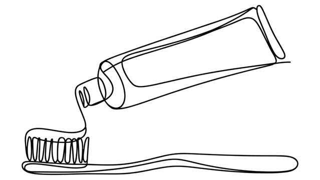 Toothpaste tube with toothbrush line art illustration minimal outline design isolated on white background for dental care, hygiene and healthcare concepts
