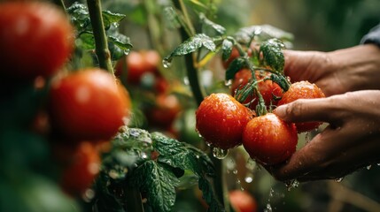 Hand picking ripe tomatoes from lush green plant in garden during summer day