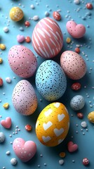 Obraz premium A vibrant array of speckled and striped Easter eggs with small heart candies scattered on textured blue