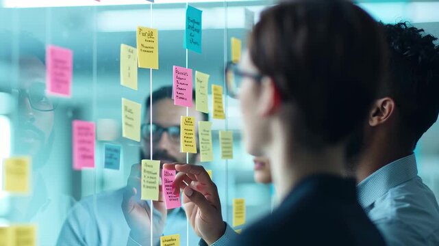 Three professionals focused on a brainstorming session with sticky notes.