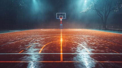A dimly lit basketball court with a hoop stands alone in a foggy outdoor setting, illuminated by spotlights, evoking a sense of drama and intensity in a deserted sports field.