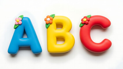 Three colorful clay letters A, B, and C with small flower decorations, arranged on a white background, representing early childhood education and learning.