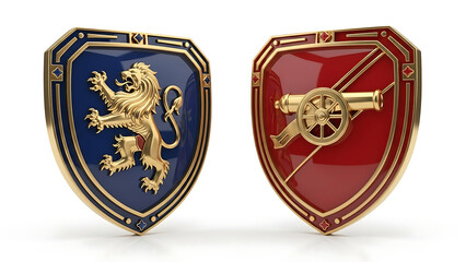 Two heraldic shields, one blue with a golden lion and the other red with a golden cannon, symbolizing a sporting contest.