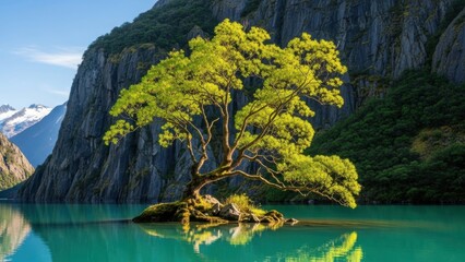 Serene tree standing alone in the calm waters of a fjord