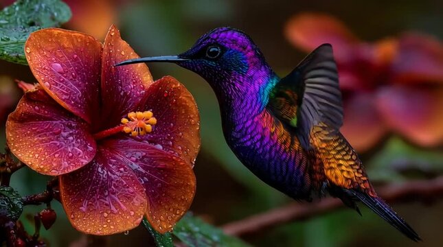 exotic hummingbird on tropical flower, colorful colibri in tropical garden, vibrant hummingbird feeding on blossom