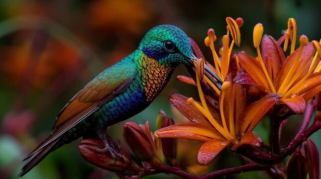 exotic hummingbird on tropical flower, colorful colibri in tropical garden, vibrant hummingbird feeding on blossom