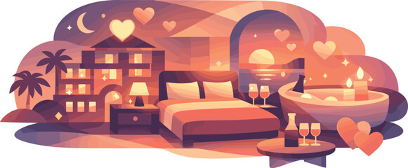 Romantic Hotel Ambiance. Abstract romantic hotel scene built from glowing shapes, heart accents, and flowing warm light to evoke