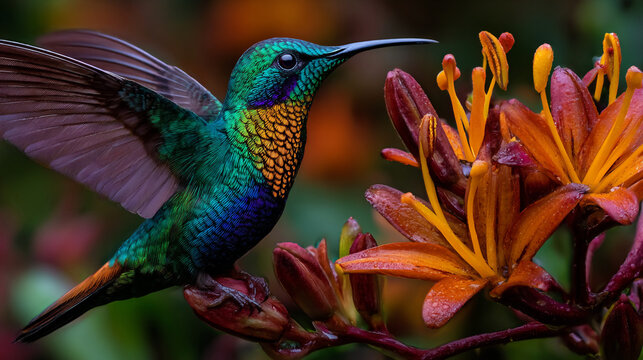 exotic hummingbird on tropical flower, colorful colibri in tropical garden, vibrant hummingbird feeding on blossom