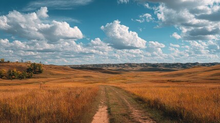 Fototapeta premium Serene Landscape Trail Through Golden Grasslands Under Blue Sky with White Clouds