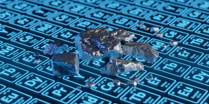 Rare Earth Elements on Glowing Periodic Table 3D Render
