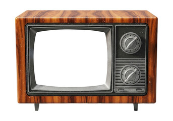 Hyper Realistic Vintage Television Set With Wooden Frame, Cut Out, Clipping Path, Isolated on a Transparent PNG Background.