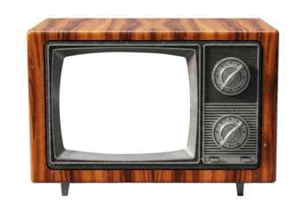 Hyper Realistic Vintage Television Set With Wooden Frame, Cut Out, Clipping Path, Isolated on a Transparent PNG Background.