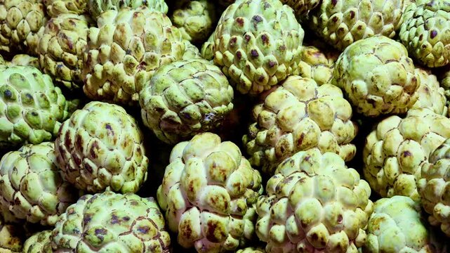 A close-up of ripe custard apples stacked together in a market display, showing their pale green, knobby segmented skins and natural surface texture.
