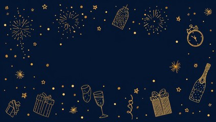 Navy Blue Background with Gold Party Elements: Fireworks, Champagne, Gifts, and Clocks for New Year Celebrations