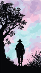 Silhouette of a hiker walking with a stick against a colorful watercolor sky