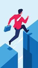 Businessman jumping across a gap, symbolizing business challenge and success